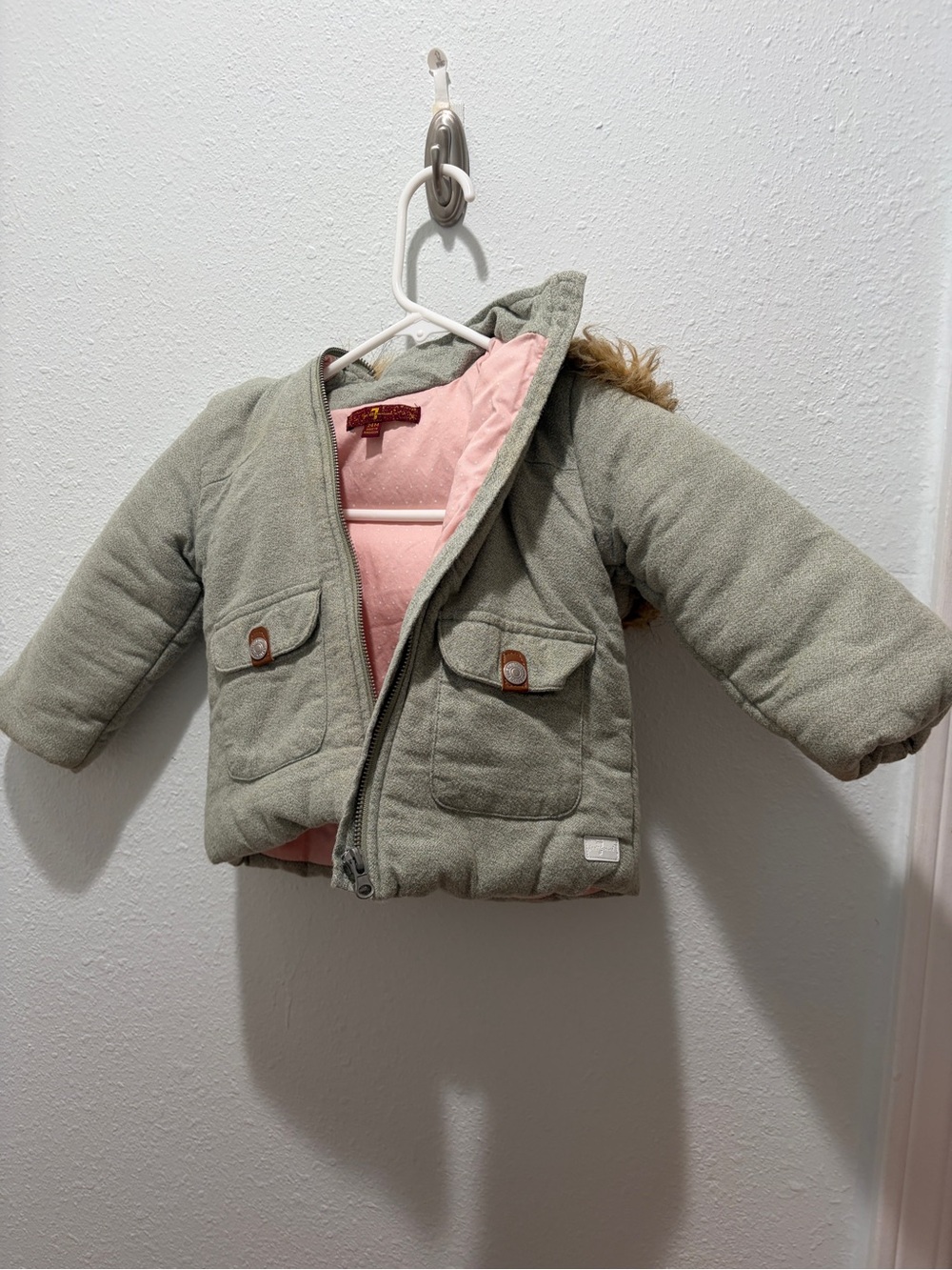 7 for all mankind. Green hooded jacket with Pink Polka Dot Lining sz 24 month